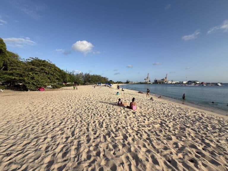 Late afternoon light along the sand at Brandons Beach, Bridgetown, Barbados
